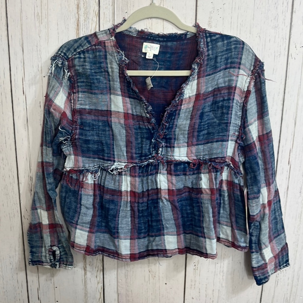 🌻 NWT Love, Fire Soft Flannel Crop Peplum Plaid Top Size L